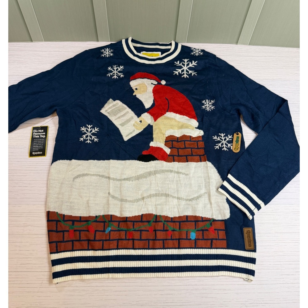 Tipsy Elves Mens Large Santa Chimney Reading Newspaper Christmas Sweater Navy